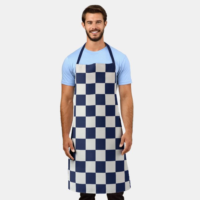 Bold Navy Blue Cream Chequered Pattern Apron (Worn)