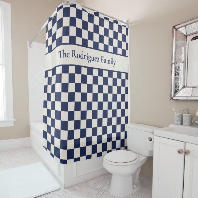 Bold Navy Blue Cream Chequered Pattern with Name (In Situ)