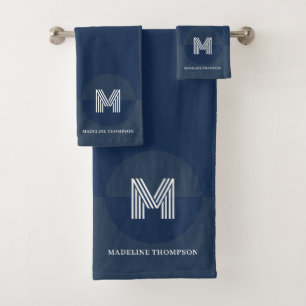 Bold Navy Blue Geometric Modern Monogram Bath Towel Set