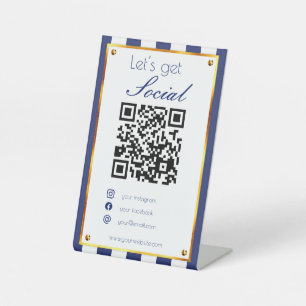 Bold navy blue gold QR code scan me social media Pedestal Sign