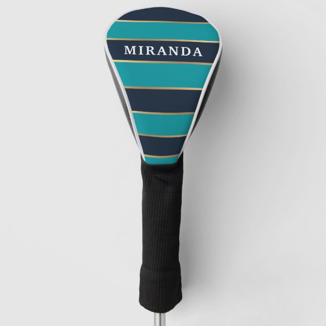 Bold Navy Blue Gold Stripe Pattern Golf Head Cover (Front)