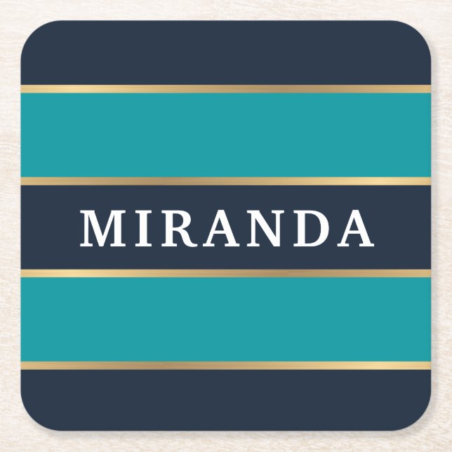 Bold Navy Blue Gold Stripe Pattern Square Paper Coaster (Front)