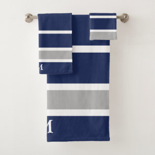 Bold Navy Blue Grey Monogram Bath Towel Set