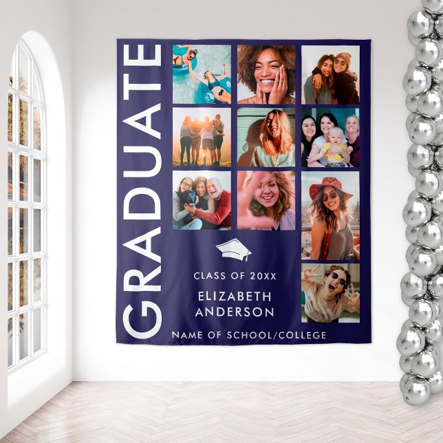 Bold Navy Blue Photo Backdrop for Graduation Party Tapestry (Creator Uploaded)