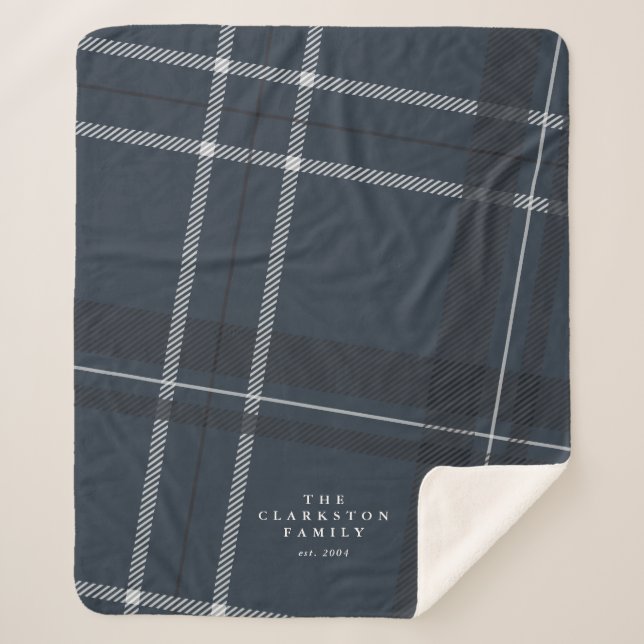 Bold navy blue plaid personalized family sherpa blanket (Front)