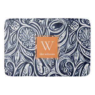 Bold Navy Rust Abstract Classy Botanical Monogram Bath Mat