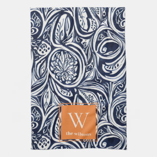 Bold Navy Rust Abstract Classy Botanical Monogram Kitchen Towel