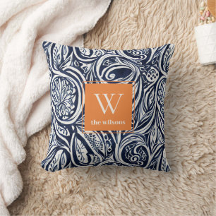 Bold Navy Rust Abstract Classy Botanical Monogram Throw Pillow