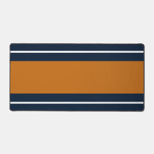Bold Navy Wide Dark Orange White Racing Stripes Desk Mat