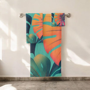 Bold Neon Monstera Vibrant Tropical Leaf Pattern Bath Towel Set
