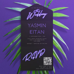 Bold Neon Purple Lights Black Modern Wedding All In One Invitation