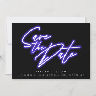 Bold Neon Purple Lights Black Modern Wedding  Save The Date