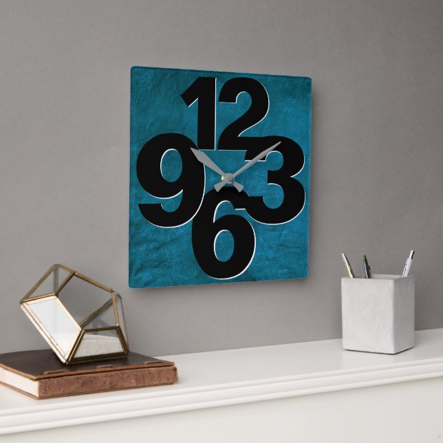 Bold Number Face On Teal Texture Square Wall Clock (Office)