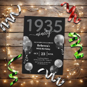 Bold Numbers Glitter Balloons 90th Birthday Party Invitation