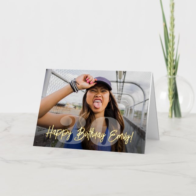 Bold Numbers Photo Overlay Happy Birthday Script Foil Greeting Card (Front)