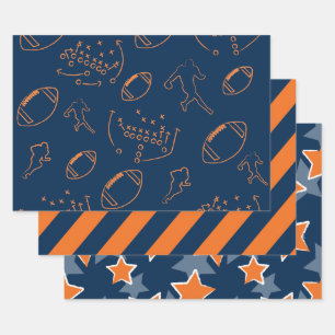 Bold Orange and Navy Blue Stars and Footballs Wrapping Paper Sheet