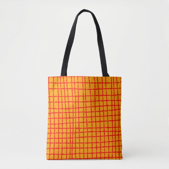 Bold Orange and Red Check Pattern Fashionable Tote Bag (Front)
