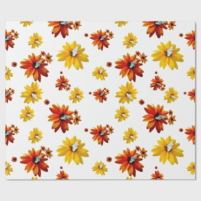 Bold Orange and Yellow Flower with Butterflies Wrapping Paper (Flat)