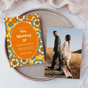 Bold Orange Flowers Retro 70s Photo Wedding Invitation