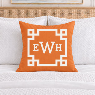 Bold Orange Greek Key Monogram Initial Throw Pillow