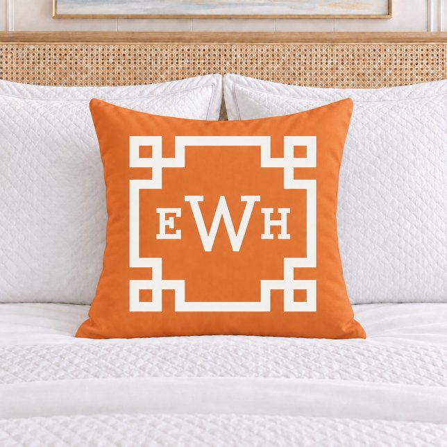 Bold Orange Greek Key Monogram Initial Throw Pillow (Creator Uploaded)