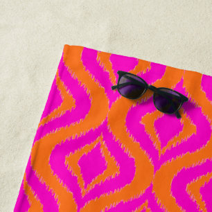 Bold Orange Hot Pink Summer Ikat Ogee Art Pattern Beach Towel