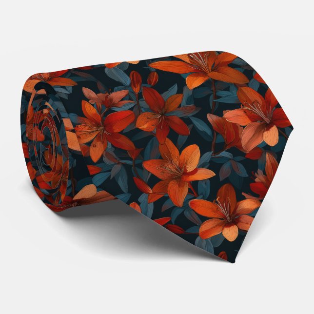 Bold Orange Lily Floral Pattern on Dark Tie (Rolled)