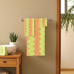Bold Orange Lime Wavy Stripe Modern Bathroom Bath Towel Set