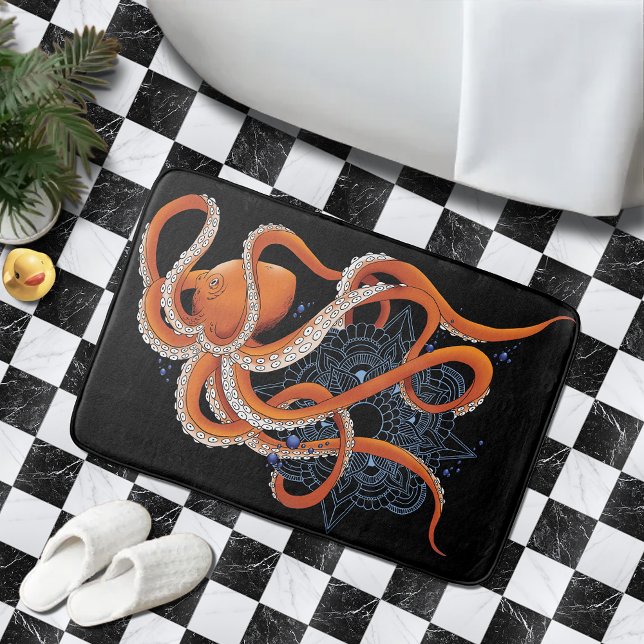 Bold Orange Mesmerizing Octopus Mandala  Bath Mat (Creator Uploaded)