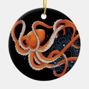 Bold Orange Mesmerizing Octopus Mandala  Ceramic Ornament