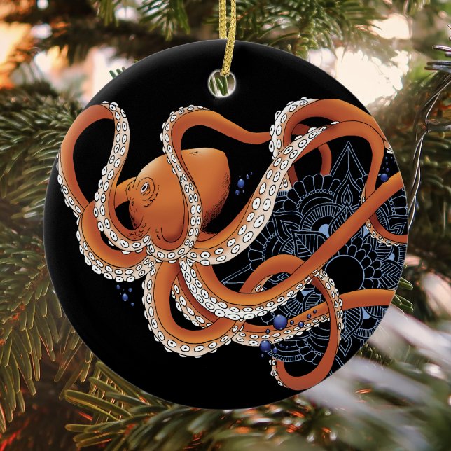 Bold Orange Mesmerizing Octopus Mandala  Ceramic Ornament (Creator Uploaded)