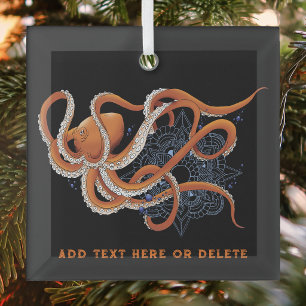 Bold Orange Mesmerizing Octopus Mandala Glass Ornament