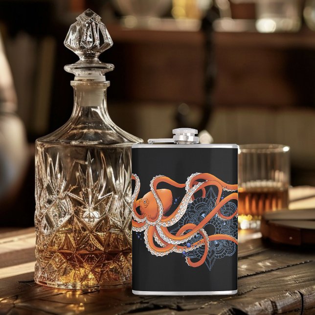Bold Orange Mesmerizing Octopus Mandala  Hip Flask (Creator Uploaded)