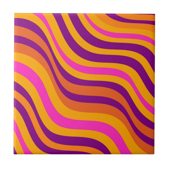 Bold Orange Purple Pink Wavy Stripes Pattern  Tile (Front)