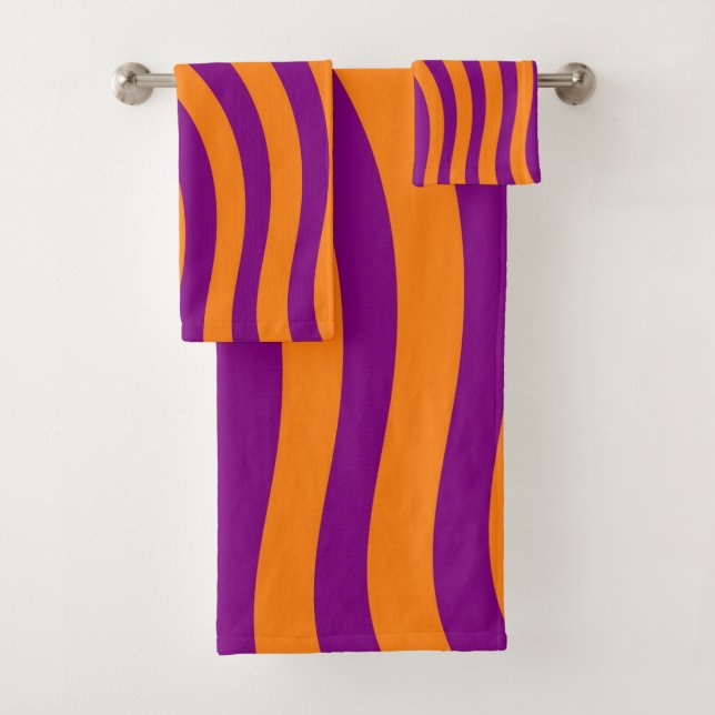 Bold Orange Purple Zebra Stripe Vibrant Minimalist Bath Towel Set (Insitu)