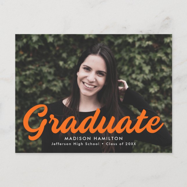 Bold Orange Script Photo Graduation Party Invitation Postcard (Front)