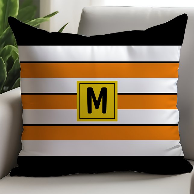 Bold Orange Stripes Monogram Throw Pillow (Creator Uploaded)