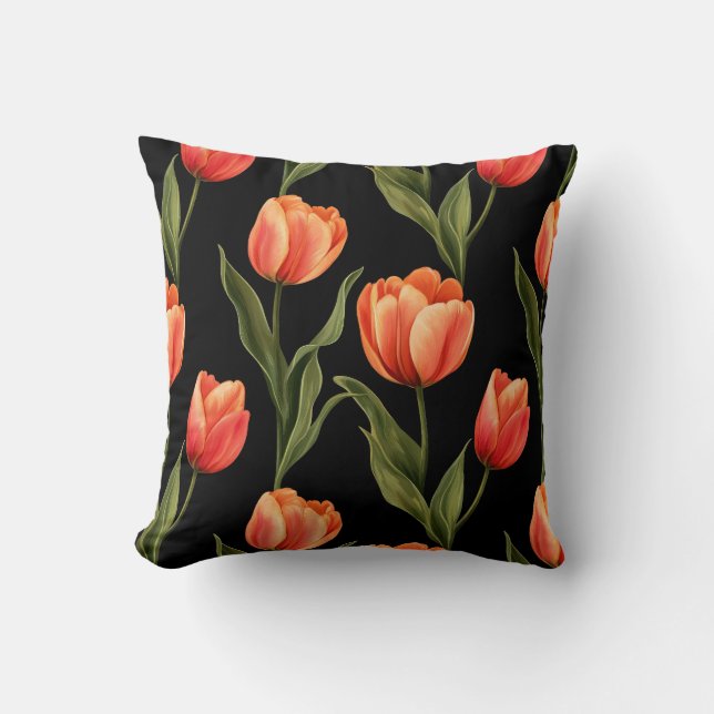Bold Orange Tulips on Black - Striking Floral Art Throw Pillow (Front)
