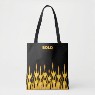 Bold orange yellow fire flames on black tote bag