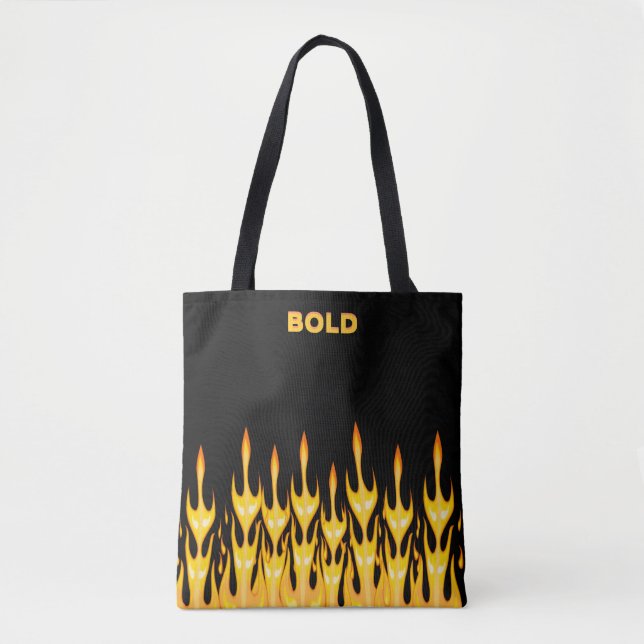 Bold orange yellow fire flames on black tote bag (Front)