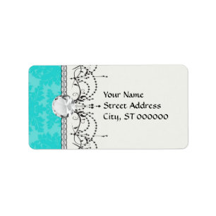 bold ornate aqua aquamarine blue damask pattern label