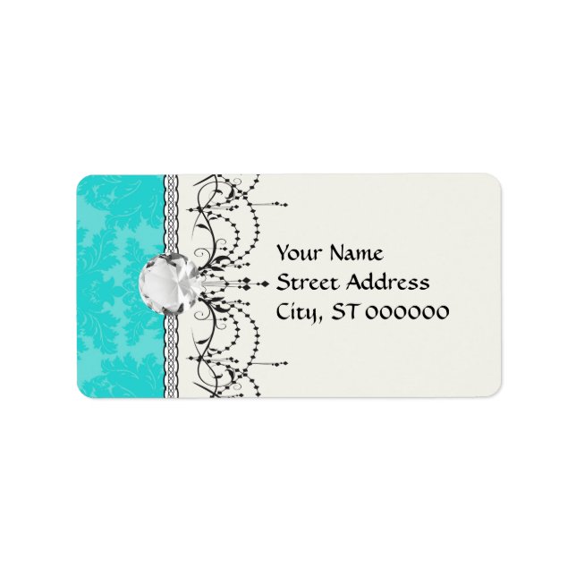bold ornate aqua aquamarine blue damask pattern label (Front)