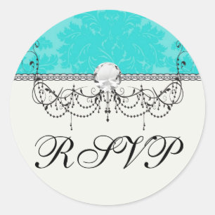 bold ornate aquamarine aqua blue damask pattern classic round sticker
