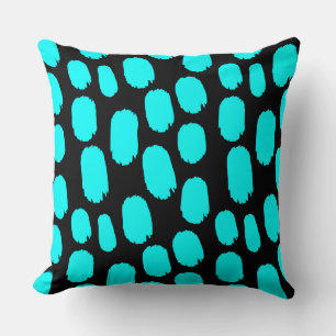Bold Painted Spots - Cyan on Black Throw Pillow