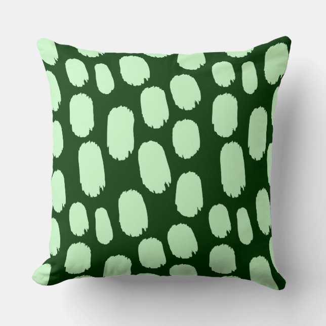 Bold Painted Spots - Ghost Green on Dark Green Throw Pillow (Front)