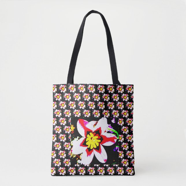 Bold pattern of abstract flower on black tote bag (Front)