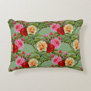 Bold Pattern Red Yellow Pink Roses and Foliage Accent Pillow