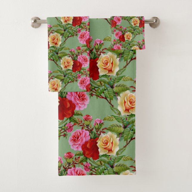 Bold Pattern Red Yellow Pink Roses and Foliage Bath Towel Set (Insitu)