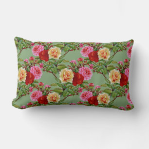 Bold Pattern Red Yellow Pink Roses and Foliage Lumbar Pillow