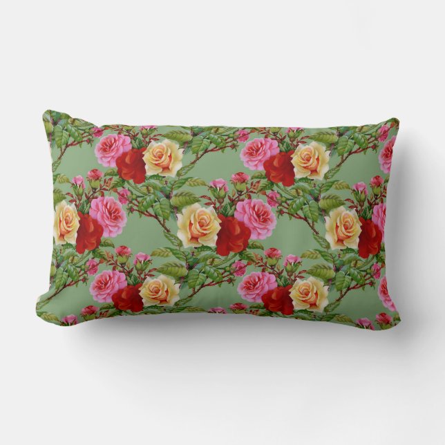 Bold Pattern Red Yellow Pink Roses and Foliage Lumbar Pillow (Front)